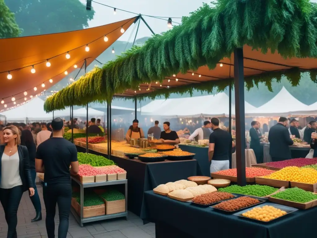 Un mercado de alimentos veganos al aire libre en una ciudad cosmopolita, lleno de colores y sabores internacionales, bajo luces de hadas