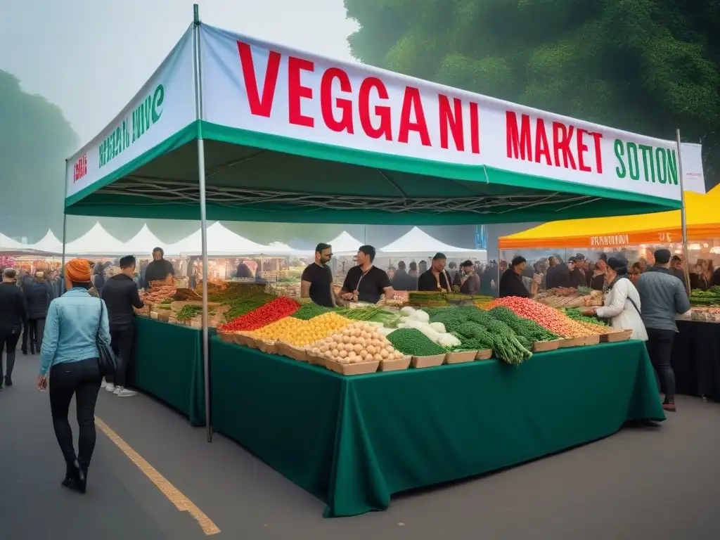 Un mercado de alimentos vibrante y detallado con innovaciones veganas en una industria alimentaria sostenible