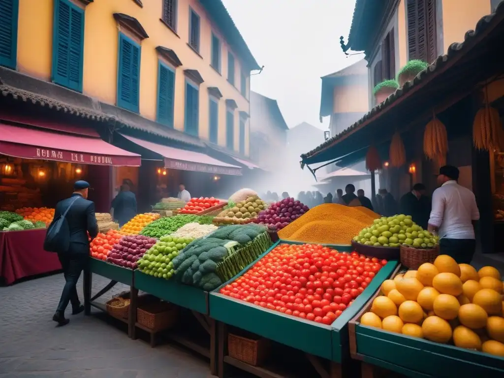 Mercado antiguo bullicioso con puestos de frutas y verduras coloridas, arquitectura histórica y murales veganos