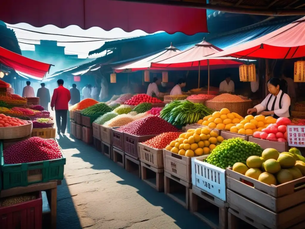 Un mercado asiático vibrante y bullicioso lleno de frutas, verduras y especias coloridas, capturando la esencia de un mercado tradicional asiático