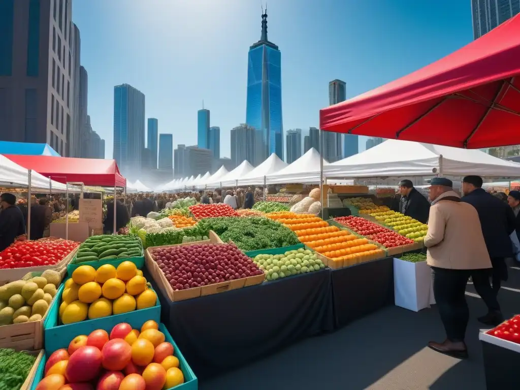 Un mercado bullicioso con alimentos veganos para un mundo justo