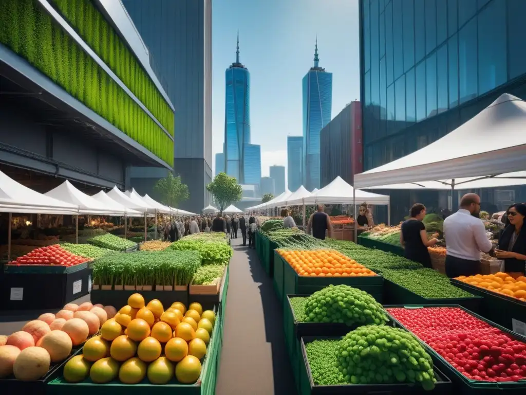 Un mercado bullicioso de alimentos vegetales en una ciudad moderna, mostrando la evolución del veganismo en la industria alimentaria