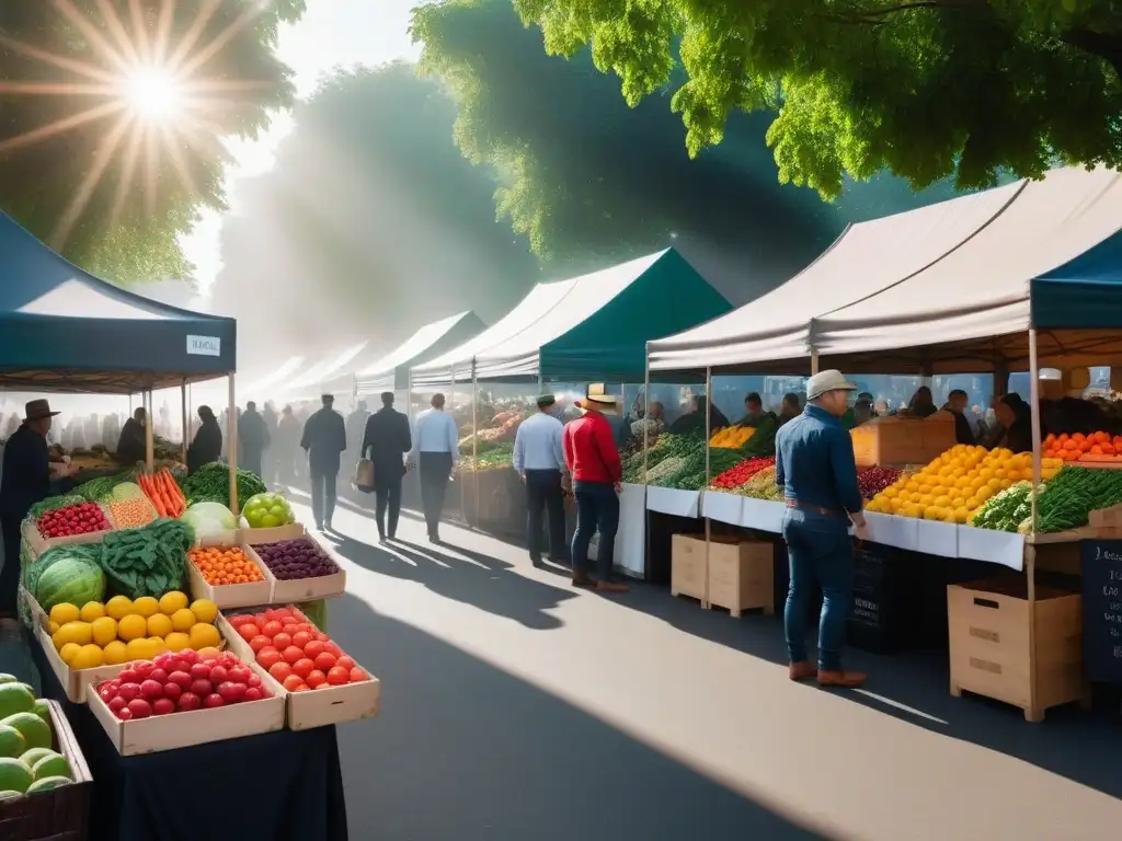 Un mercado agrícola bullicioso y colorido, lleno de productos frescos y opciones veganas