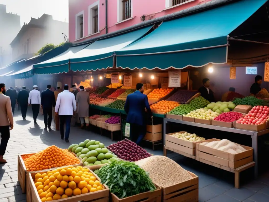 Un mercado bullicioso y colorido del Medio Oriente, reflejando la rica tradición culinaria