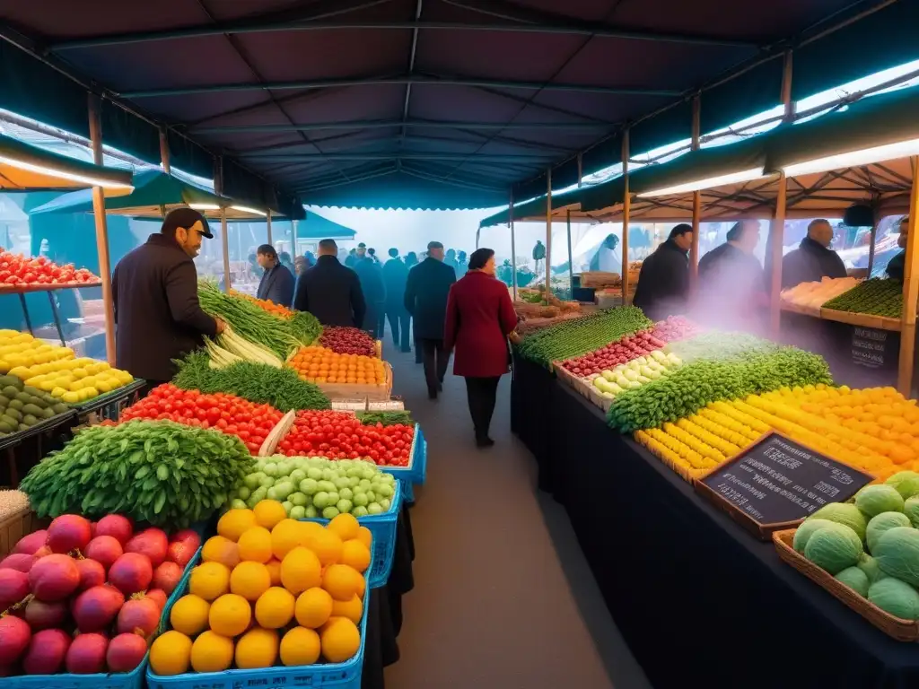 Un mercado bullicioso y colorido, con productos frescos y variados