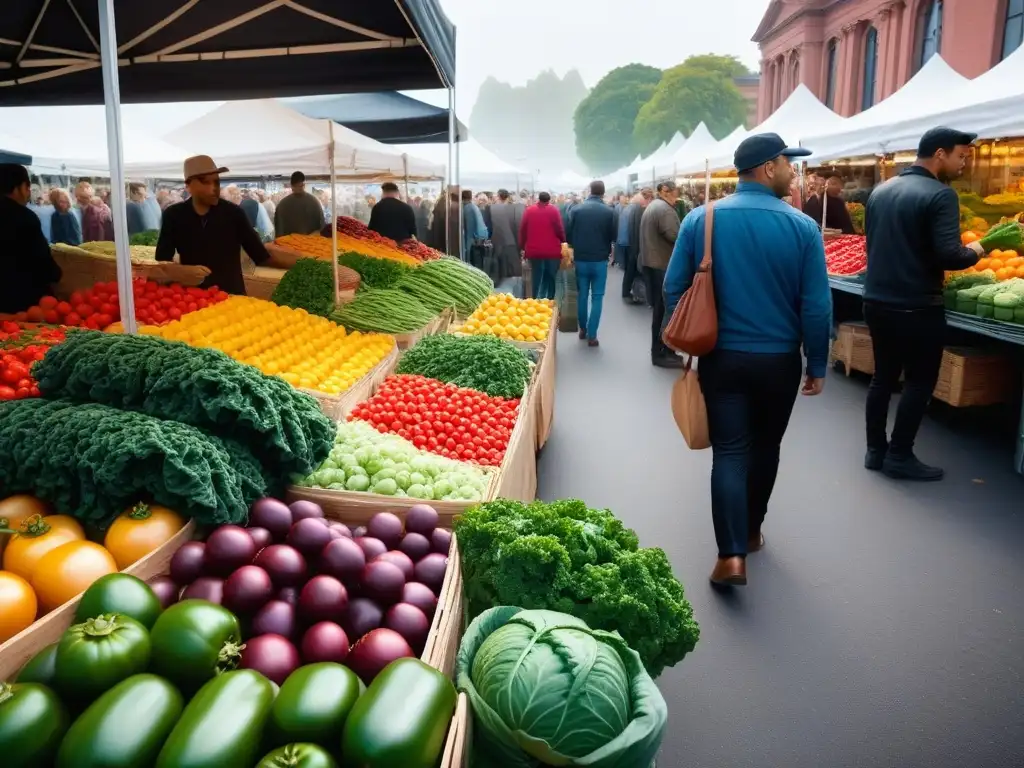 Un mercado bullicioso y colorido con productos frescos y variados