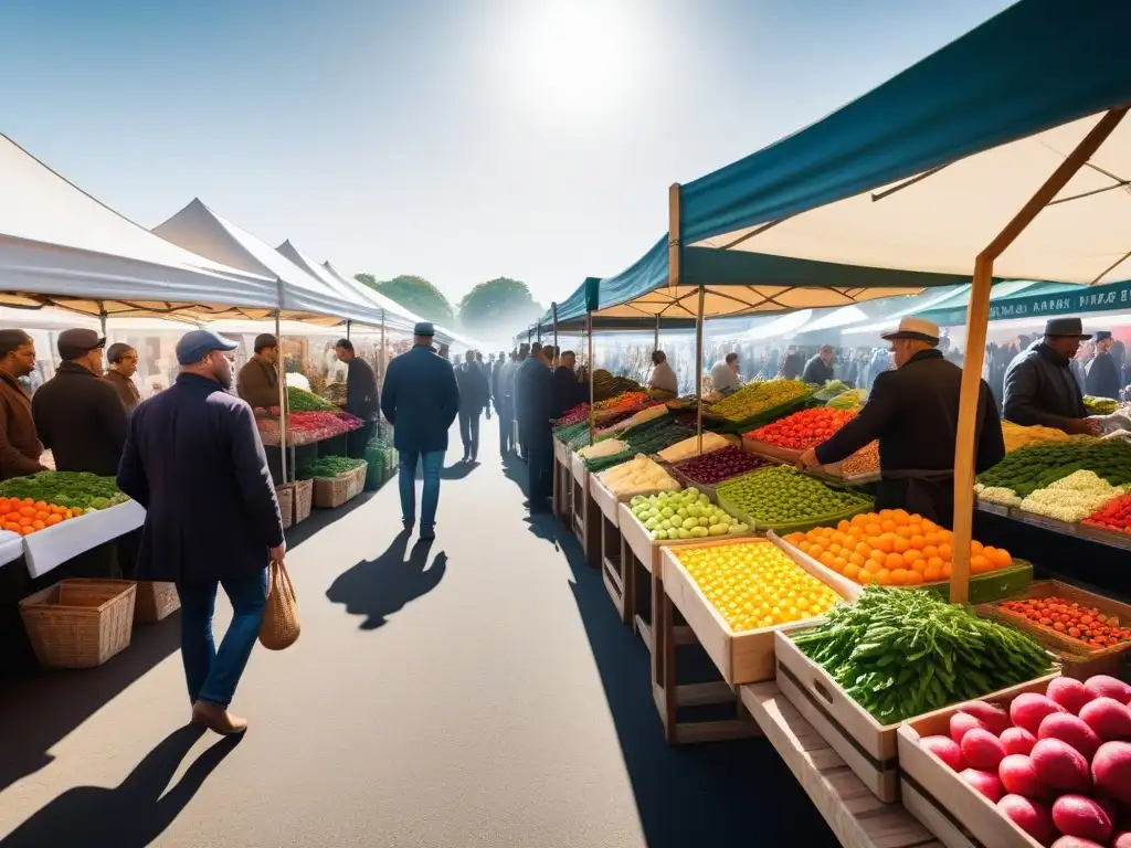 Un mercado bullicioso y colorido, rebosante de frutas y verduras frescas en puestos de madera