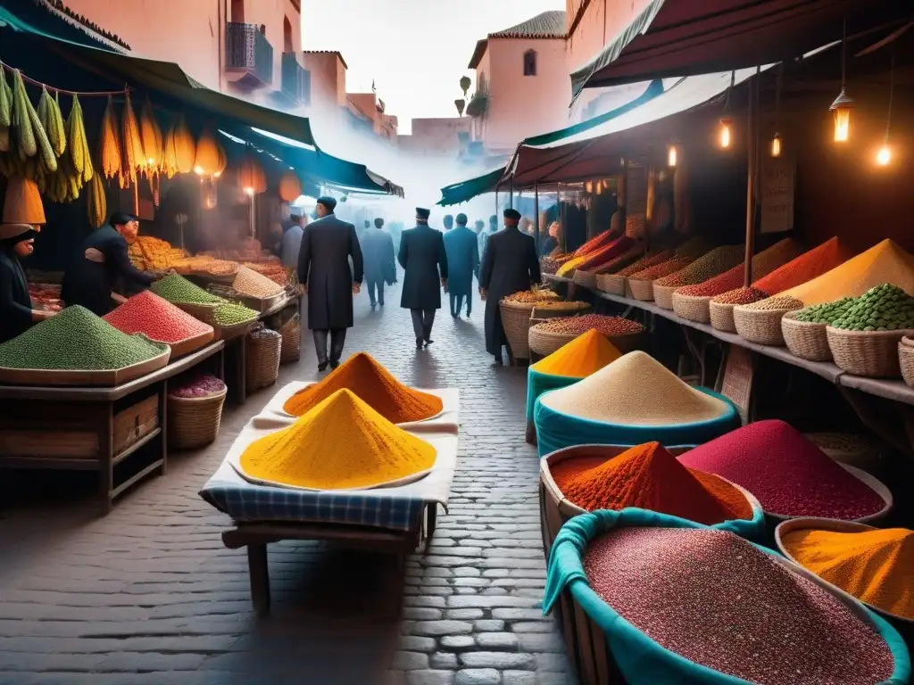 Un mercado bullicioso en Marrakech con especias y frutas coloridas