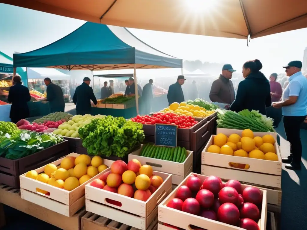 Un mercado bullicioso con frutas y vegetales coloridos en cajas de madera