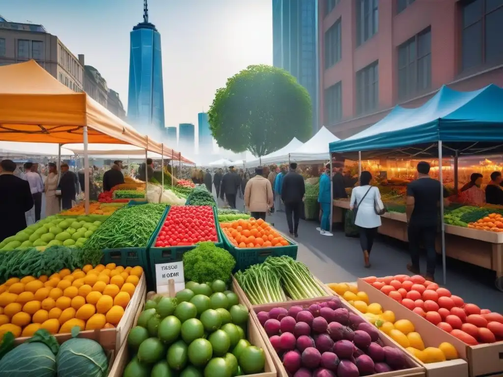 Un mercado bullicioso con frutas y verduras orgánicas, bolsas reutilizables y personas hablando de recetas veganas y prácticas sostenibles