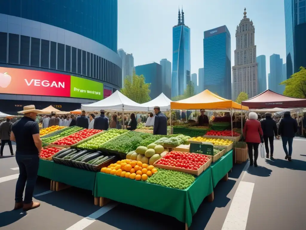 Un mercado agrícola bullicioso con frutas y verduras frescas, gente diversa y mensajes veganos en redes sociales