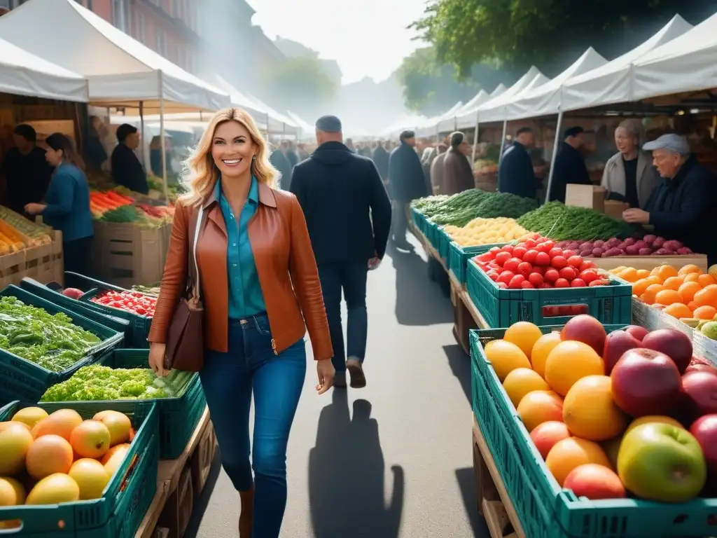 Un mercado bullicioso con frutas y verduras orgánicas, shoppers y una atmósfera comunitaria