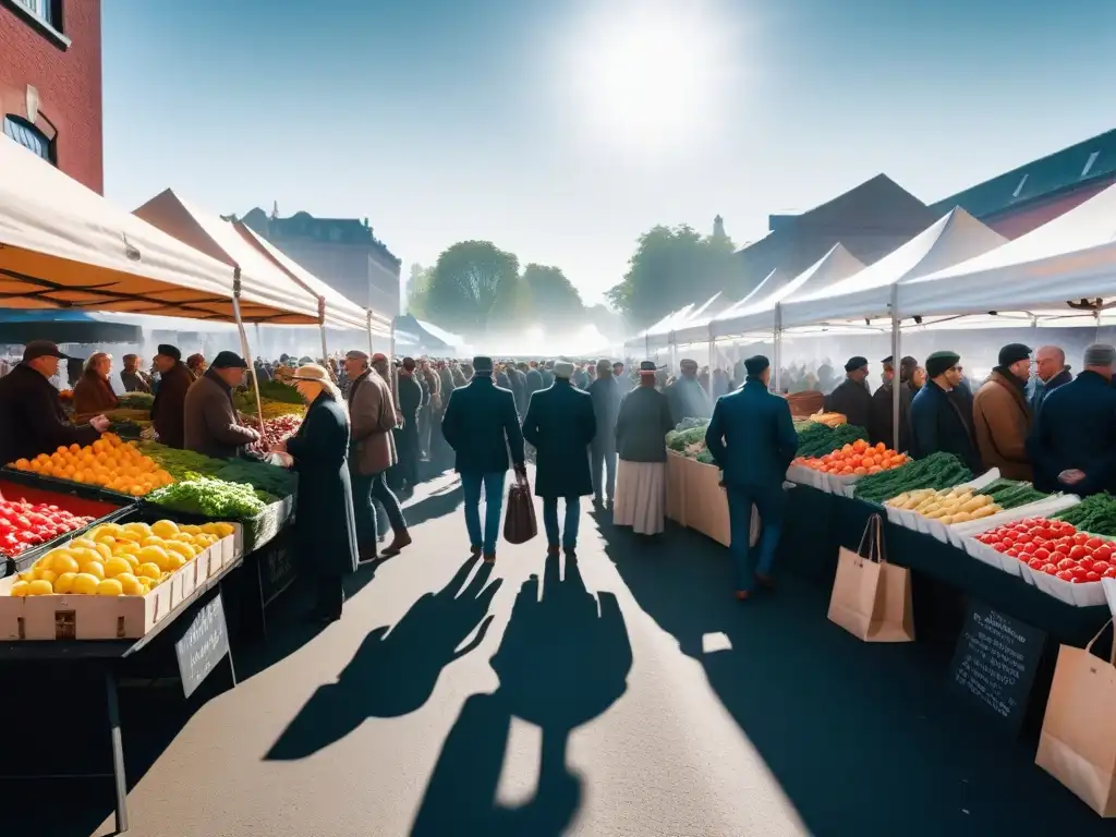 Un mercado agrícola bullicioso con frutas y verduras frescas, colores vibrantes y diversidad de personas, iluminado por el sol