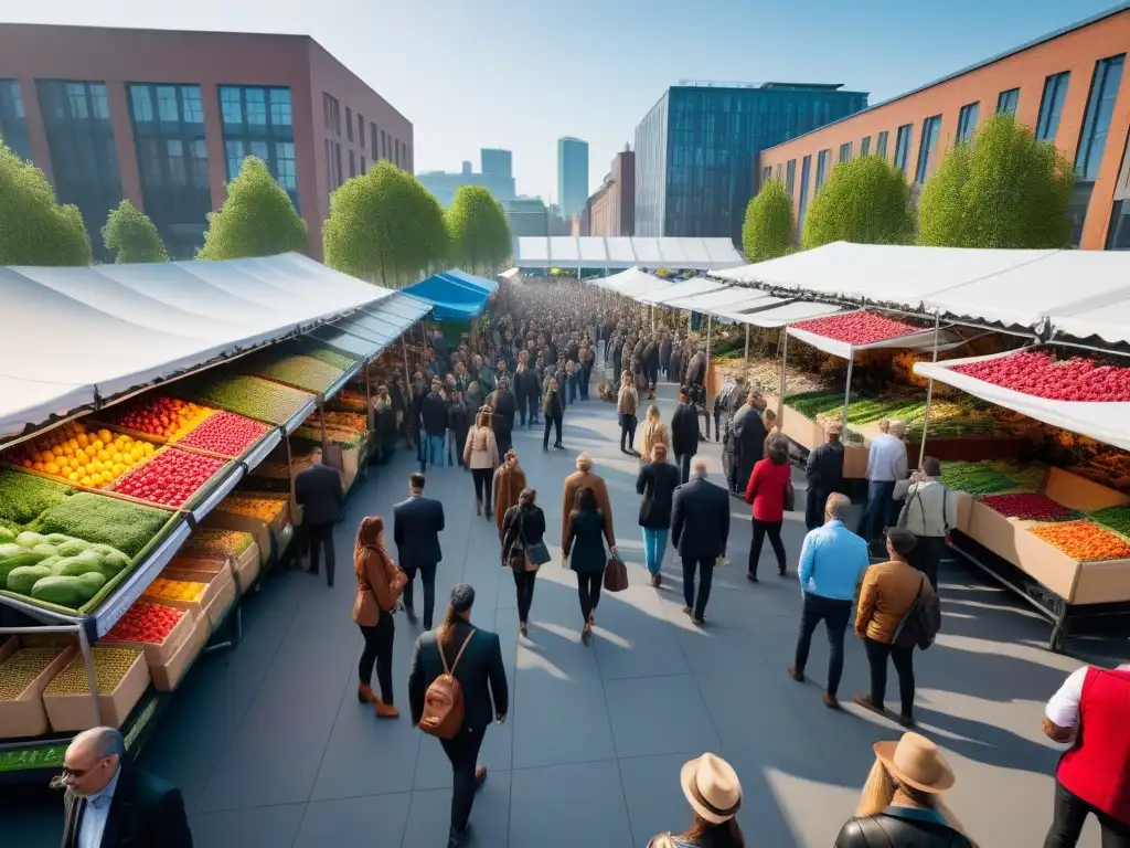 Un mercado bullicioso con frutas y verduras frescas y coloridas, compradores jóvenes interactúan con vendedores