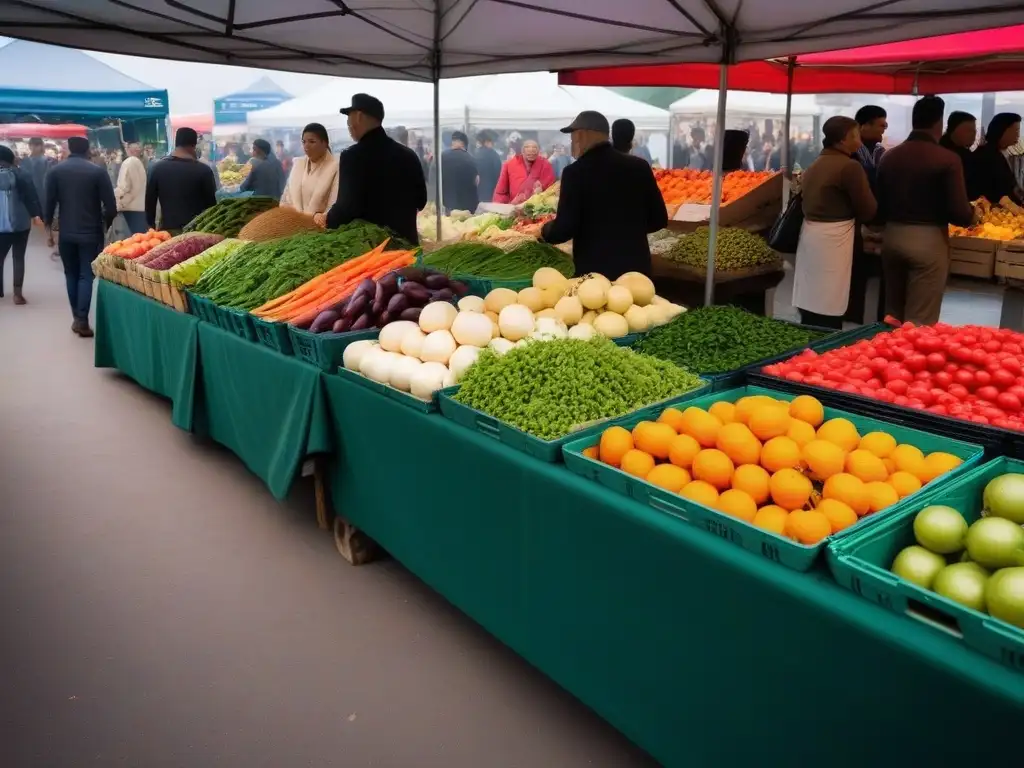 Un mercado bullicioso con frutas y verduras frescas, gente diversa seleccionando productos