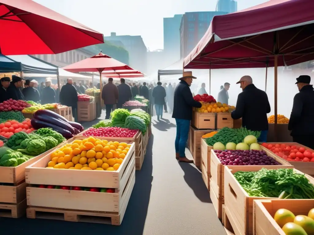 Un mercado bullicioso con frutas y verduras orgánicas, familias y parejas mayores conversando con vendedores sonrientes