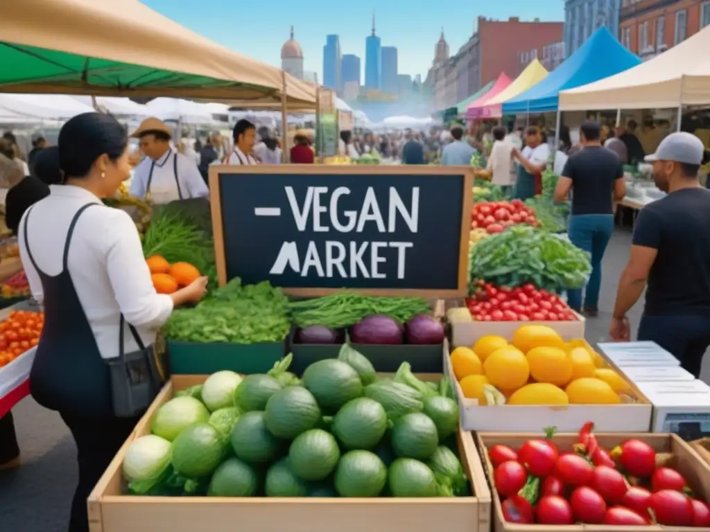 Mercado agrícola bullicioso con ingredientes revolucionarios cocina vegana en abundancia