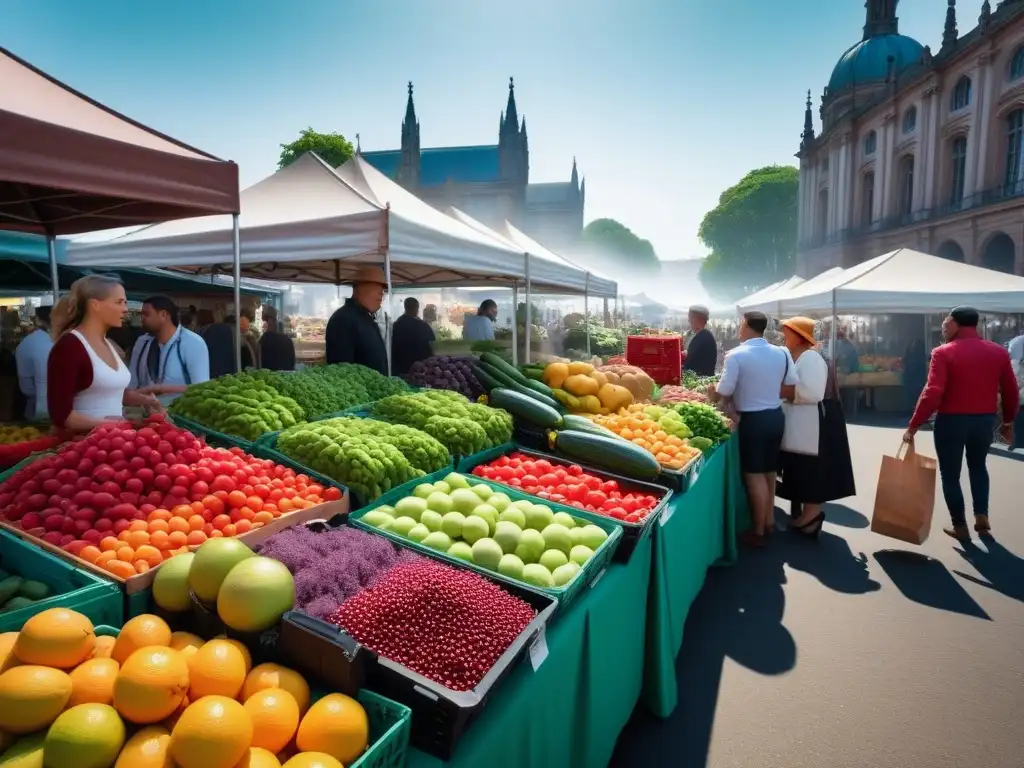 Un mercado bullicioso lleno de frutas y verduras frescas, con vendedores y personas diversas