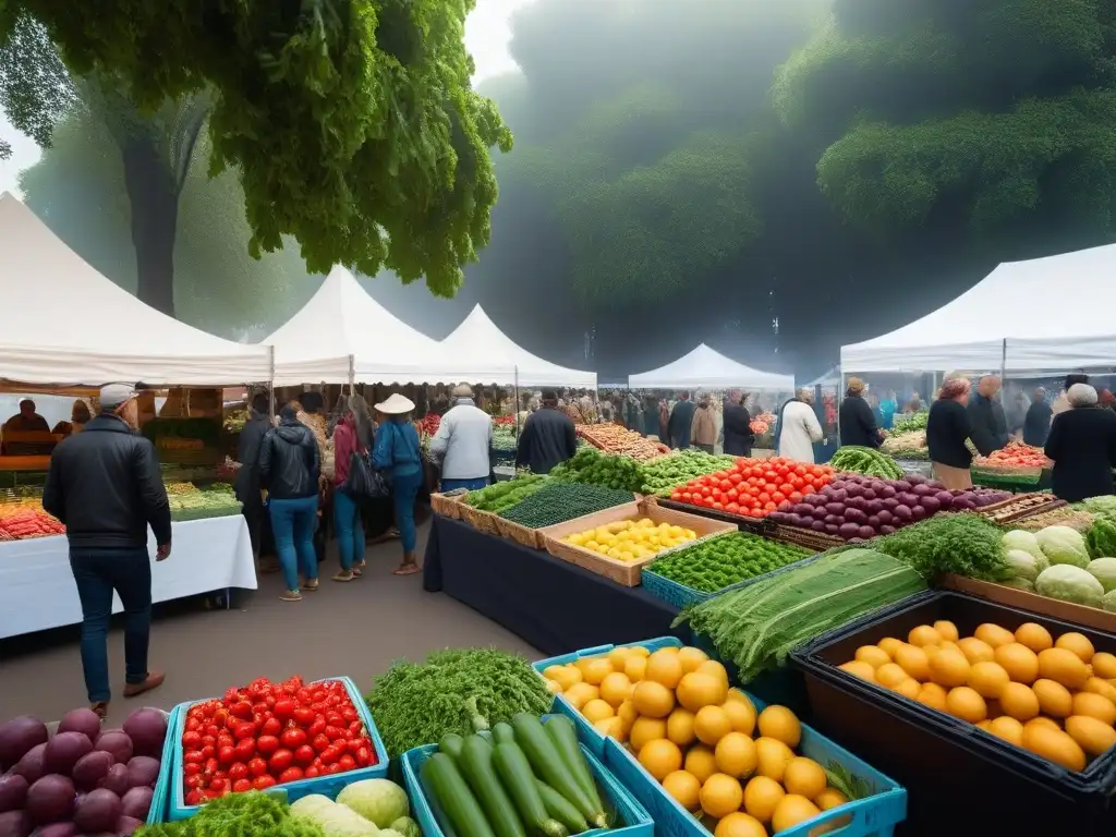 Un mercado agrícola bullicioso lleno de puestos coloridos que ofrecen frutas y verduras orgánicas frescas