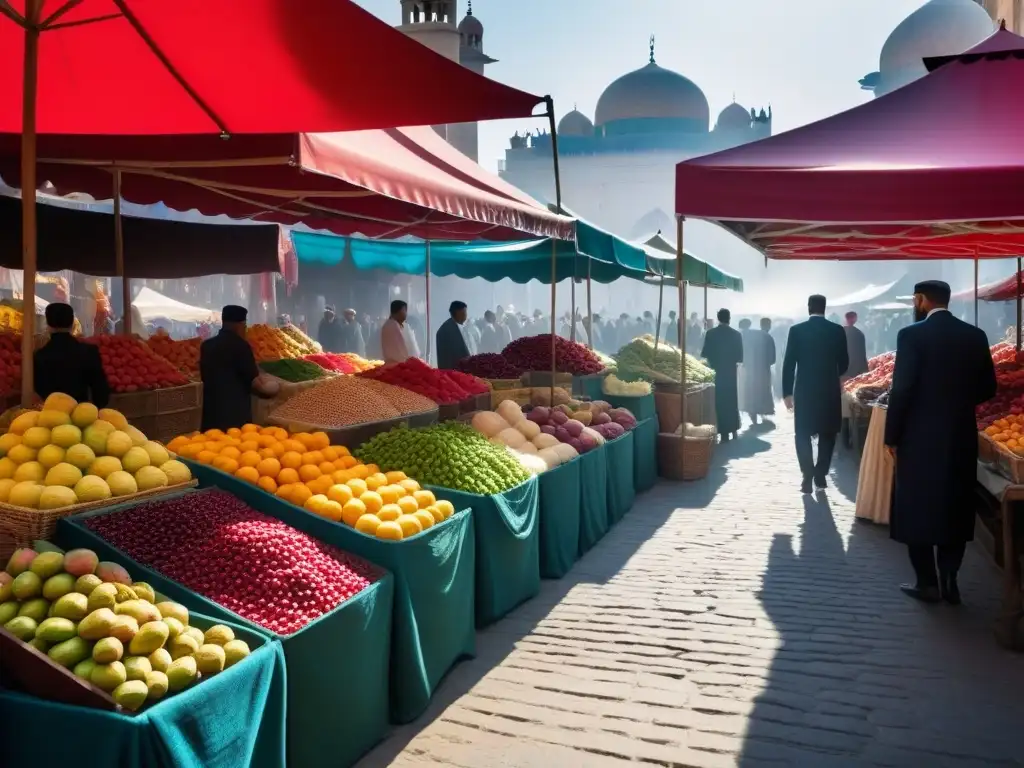 Un mercado bullicioso en Medio Oriente con puestos de frutas, verduras y especias, bajo toldos coloridos