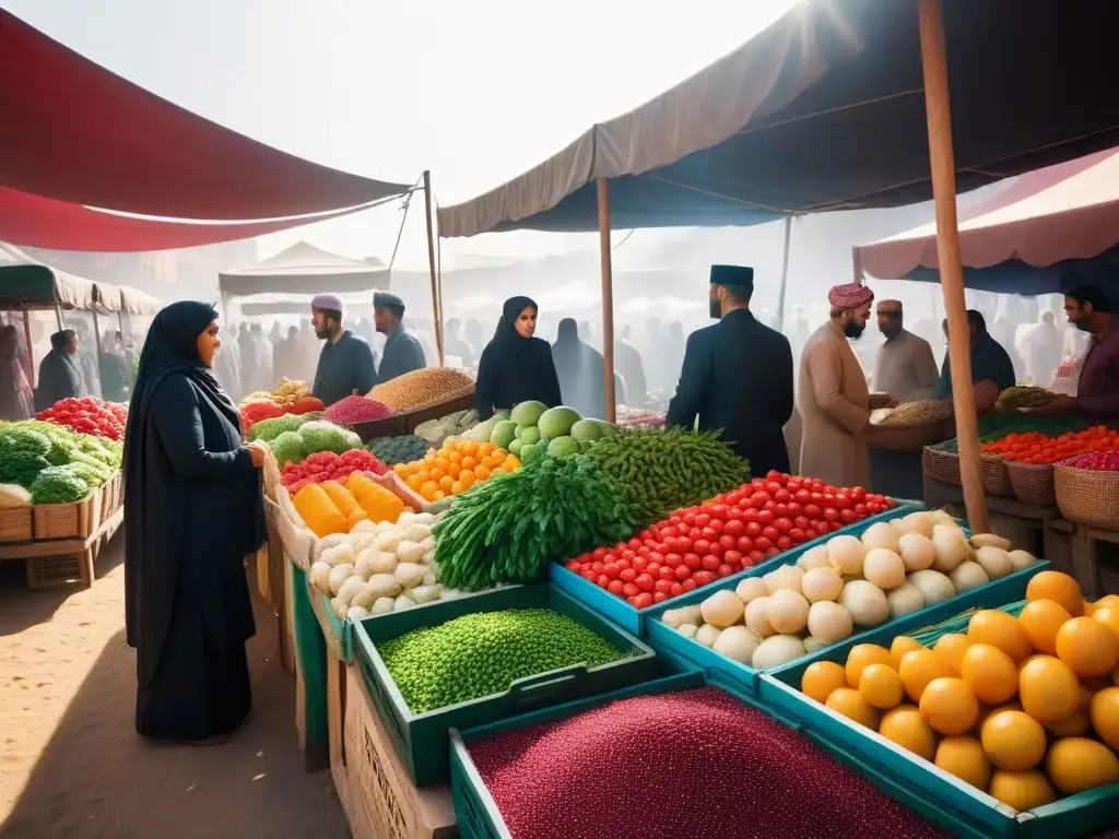 Un mercado bullicioso en Medio Oriente con vibrantes frutas, verduras y especias