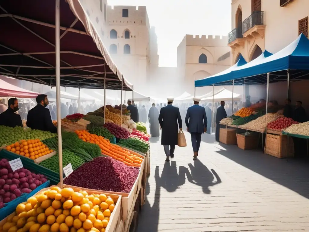 Un mercado bullicioso en Medio Oriente con ingredientes locales para cocina vegana, lleno de color y vida