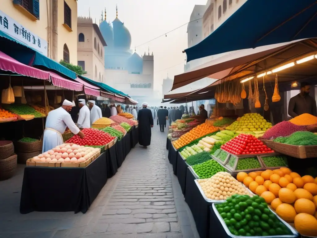 Un mercado bullicioso en Medio Oriente con puestos coloridos de frutas, verduras y especias