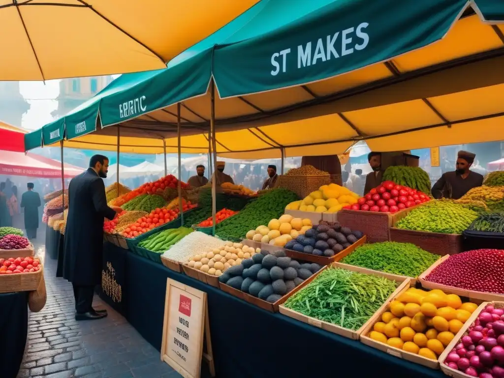 Un mercado bullicioso en Medio Oriente con puestos coloridos de frutas, verduras y hierbas frescas