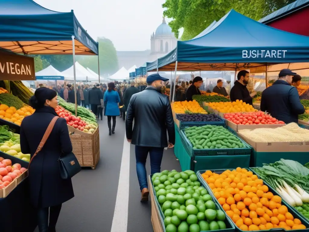 Un mercado agrícola bullicioso con opciones veganas, reflejando tendencias en consumo productos veganos