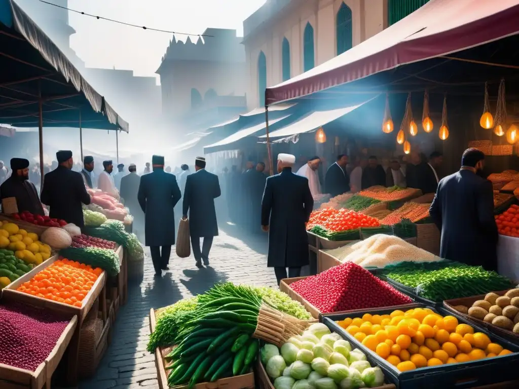 Un mercado bullicioso en Medio Oriente lleno de colores vibrantes y productos frescos, donde la gente disfruta de la variedad de alimentos