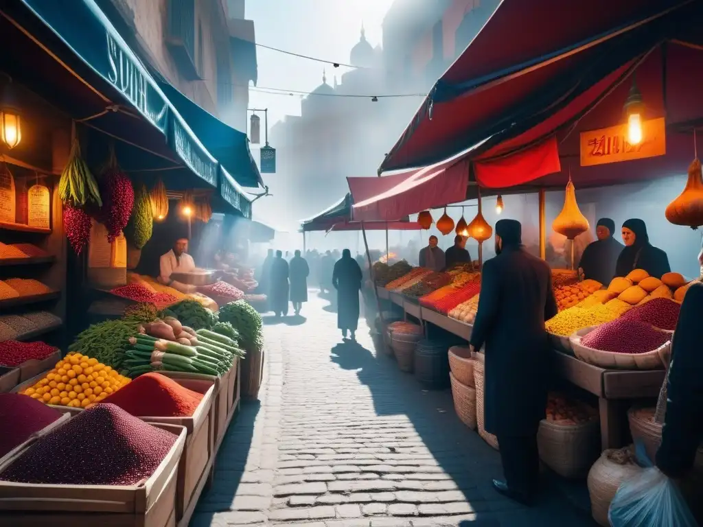 Un mercado bullicioso del Medio Oriente, rebosante de ingredientes mágicos veganos bajo un cielo azul