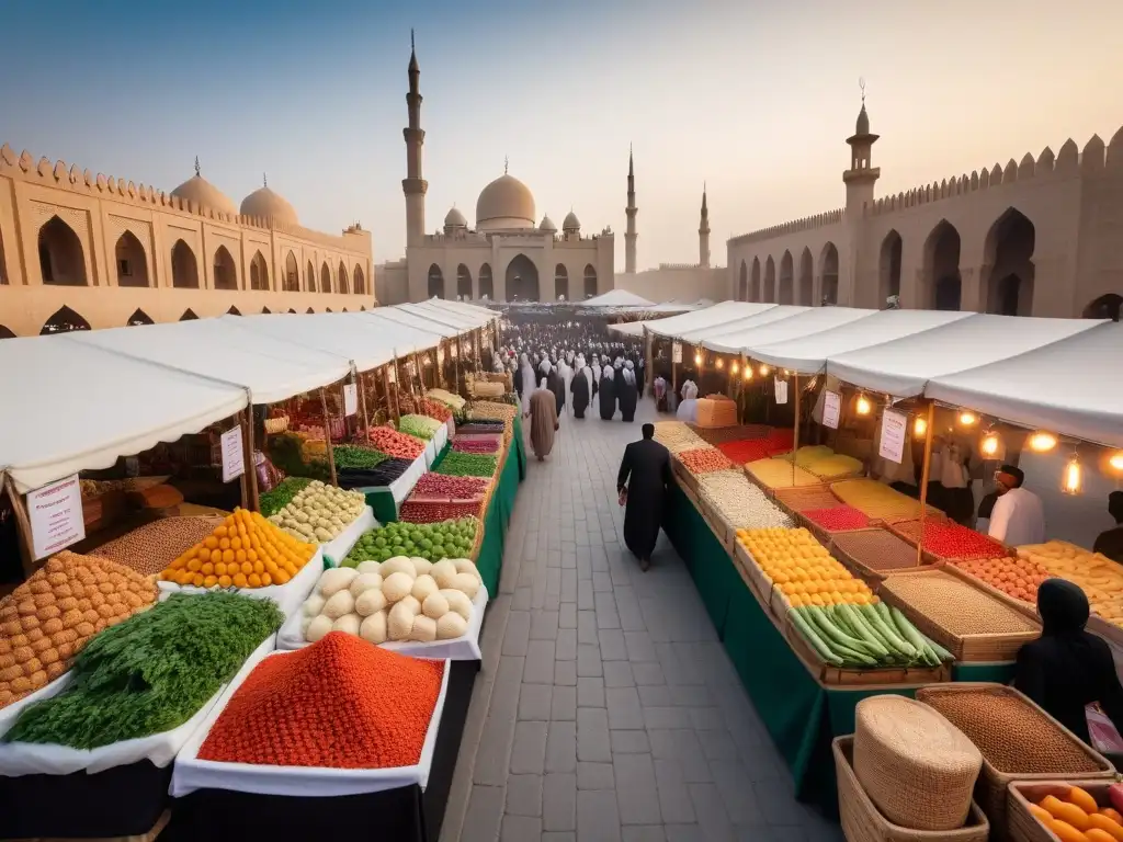 Un mercado bullicioso en Medio Oriente, repleto de frutas, verduras, frutos secos y especias