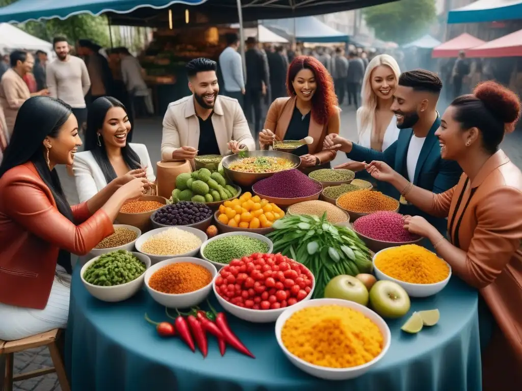 Un mercado bullicioso donde personas diversas comparten comida vegana, reflejando la guía vegana para sobrevivir carne