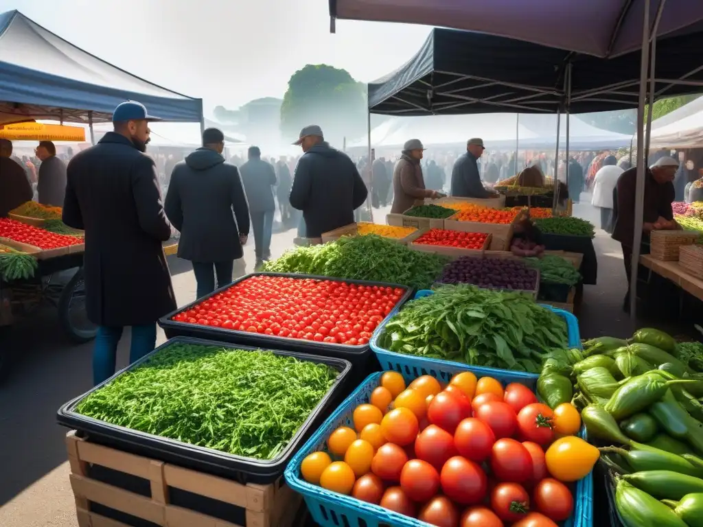 Un mercado agrícola bullicioso con productos frescos y coloridos