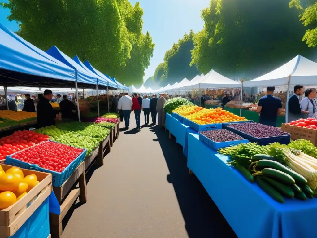 Un mercado bullicioso con productos frescos y coloridos, personas disfrutando de la variedad de ingredientes veganos bajo el sol