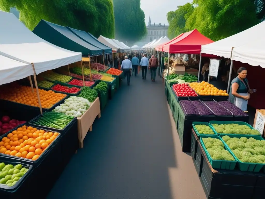 Un mercado agrícola bullicioso con puestos coloridos rebosantes de frutas y verduras orgánicas