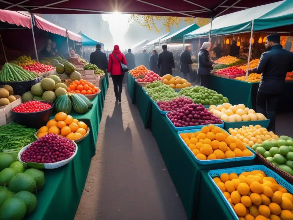 Un mercado bullicioso con puestos coloridos de frutas, vegetales y especias