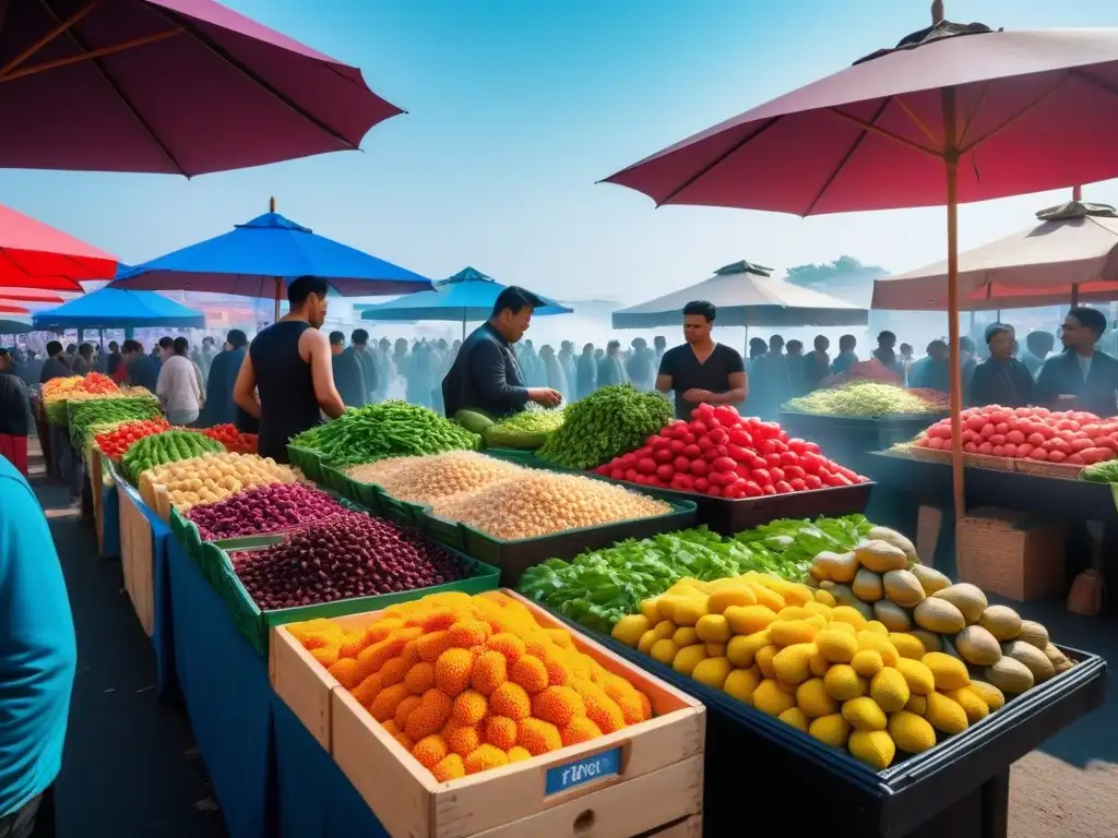 Un mercado bullicioso con puestos rebosantes de vegetales y frutas frescas, bajo un cielo azul, ideal para Pulled Pork Vegano Sabor