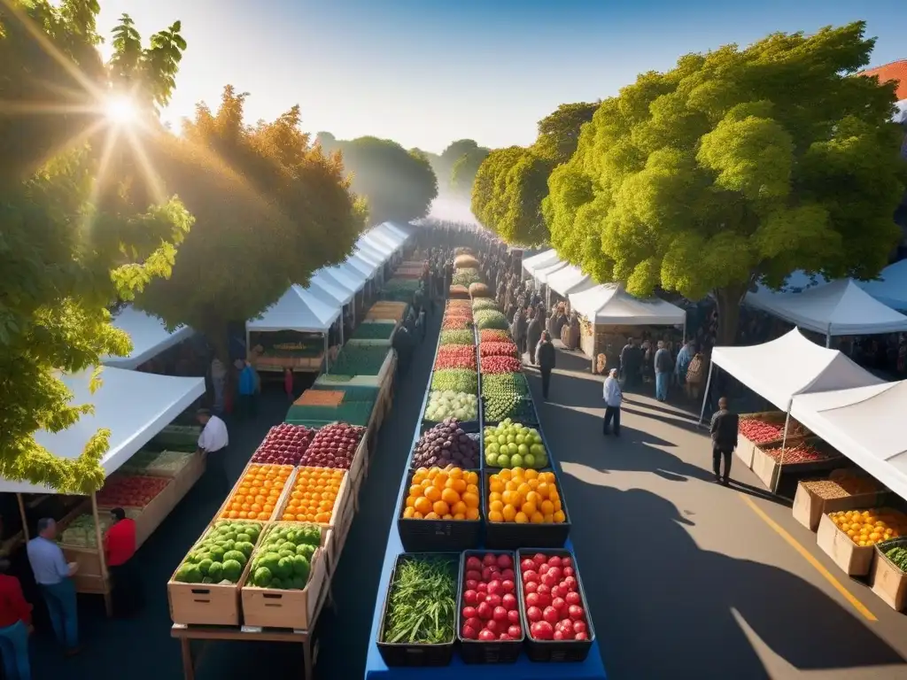 Un mercado agrícola colorido y bullicioso, donde la transformación de recetas tradicionales a cocina vegana cobra vida entre frutas y verduras frescas