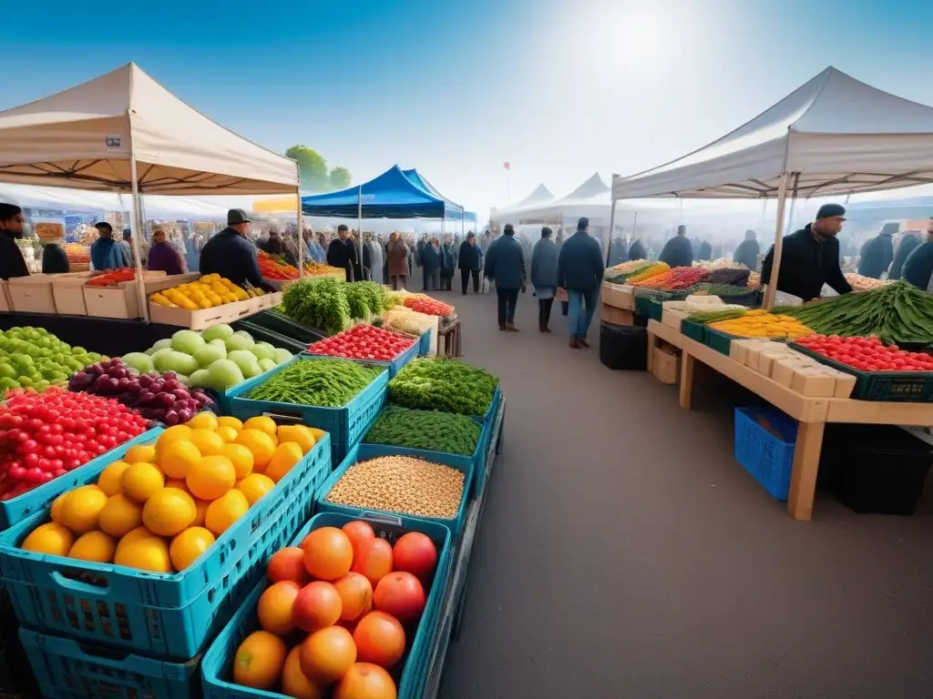 Un mercado bullicioso repleto de productos frescos y coloridos bajo un cielo azul