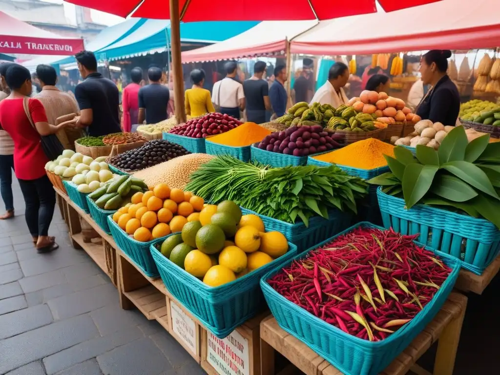 Mercado vibrante del Sudeste Asiático: ingredientes exóticos para cocina vegana Un mercado bullicioso del Sudeste Asiático con ingredientes de comida vegana para celebraciones en cestas y cuencos cerámicos