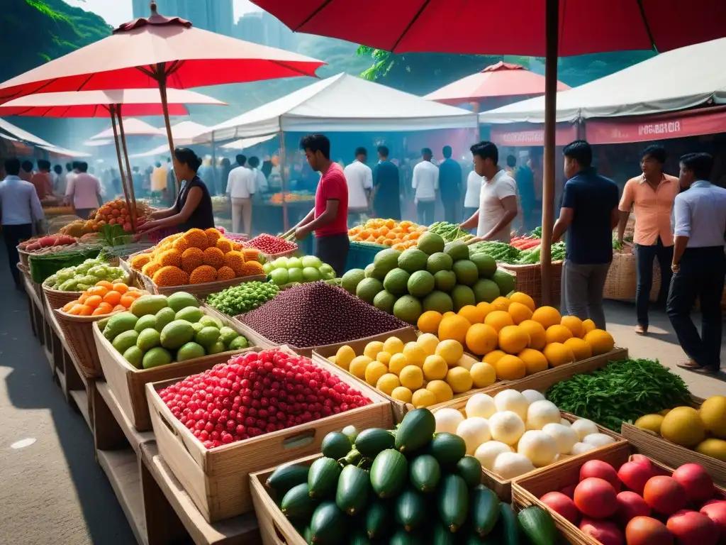 Un mercado bullicioso del sudeste asiático con frutas, verduras y especias coloridas