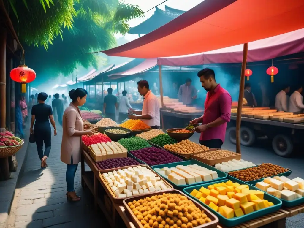 Mercado bullicioso del sudeste asiático con tofu y tempeh frescos en bandejas de bambú