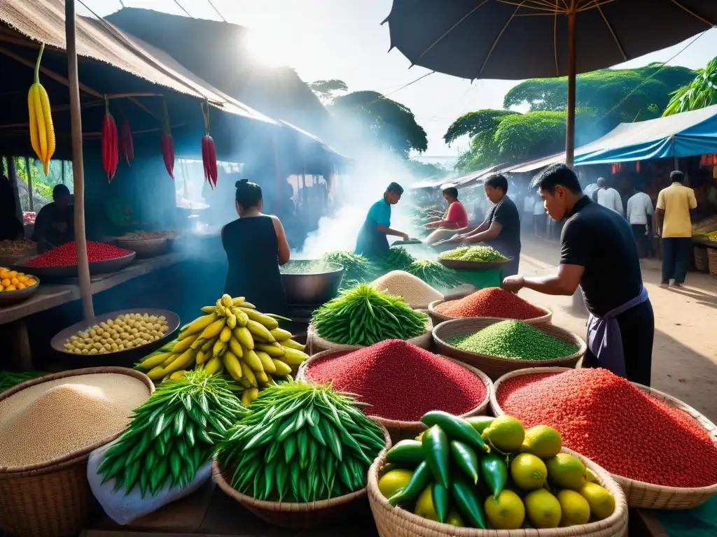 Un mercado bullicioso en el Sudeste Asiático, lleno de ingredientes veganos