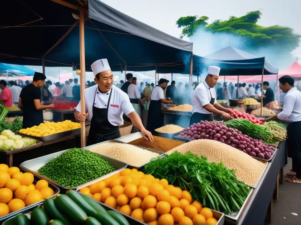 Un mercado bullicioso en el sudeste asiático rebosante de colores y sabores únicos