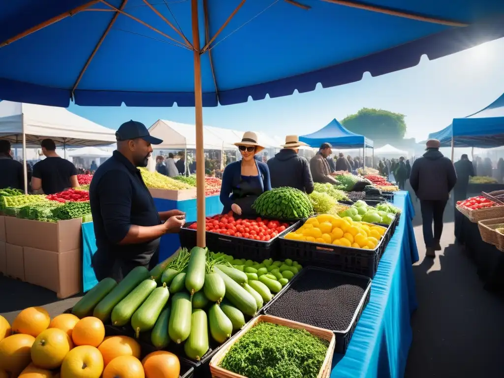 Un mercado bullicioso con una variedad de alimentos veganos frescos, intercambio entre vendedores y clientes bajo el cielo azul