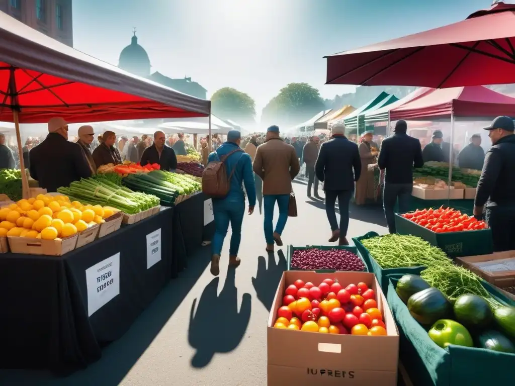 Un mercado bullicioso con vegetales y frutas frescas, compradores de distintos orígenes y bolsas ecológicas