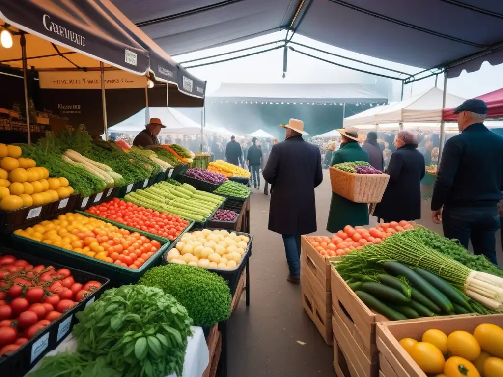 Un mercado agrícola bullicioso y vibrante con una variedad de frutas y verduras frescas y coloridas