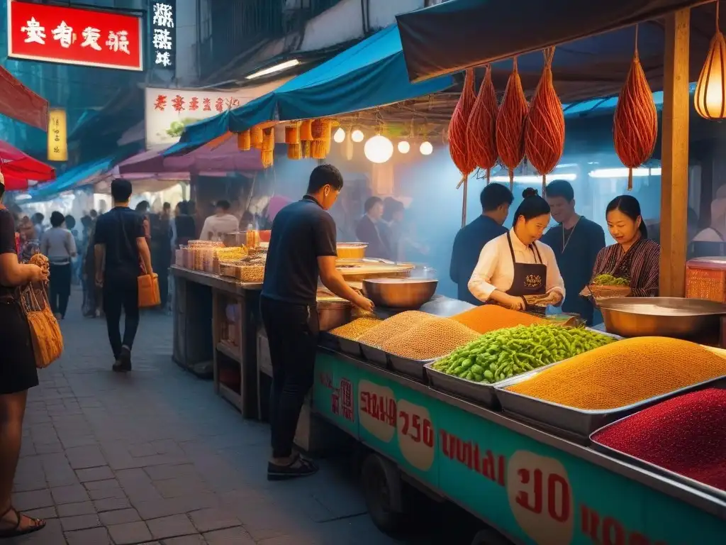 Mercado callejero asiático vibrante con puestos de comida vegana exótica y colorida