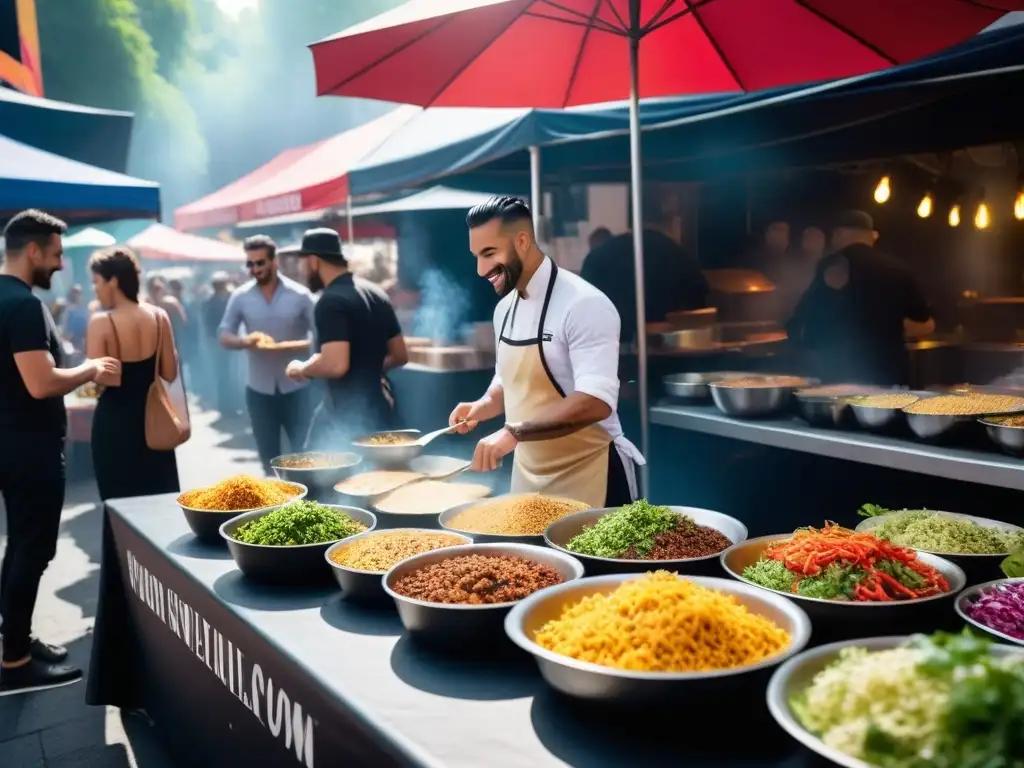 Un mercado callejero bullicioso en una ciudad vibrante, con puestos de comida coloridos vendiendo delicias veganas gourmet